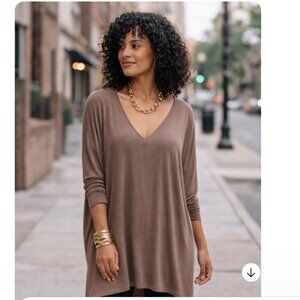 Piko 1988 Tunic Top Small Brown Bamboo Stretch Oversized V-Neck Long Sleeve Boho